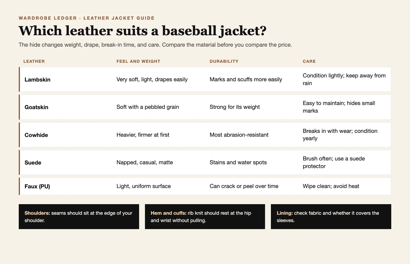 Chart comparing lambskin, goatskin, cowhide, suede, and faux leather by feel, durability, and care