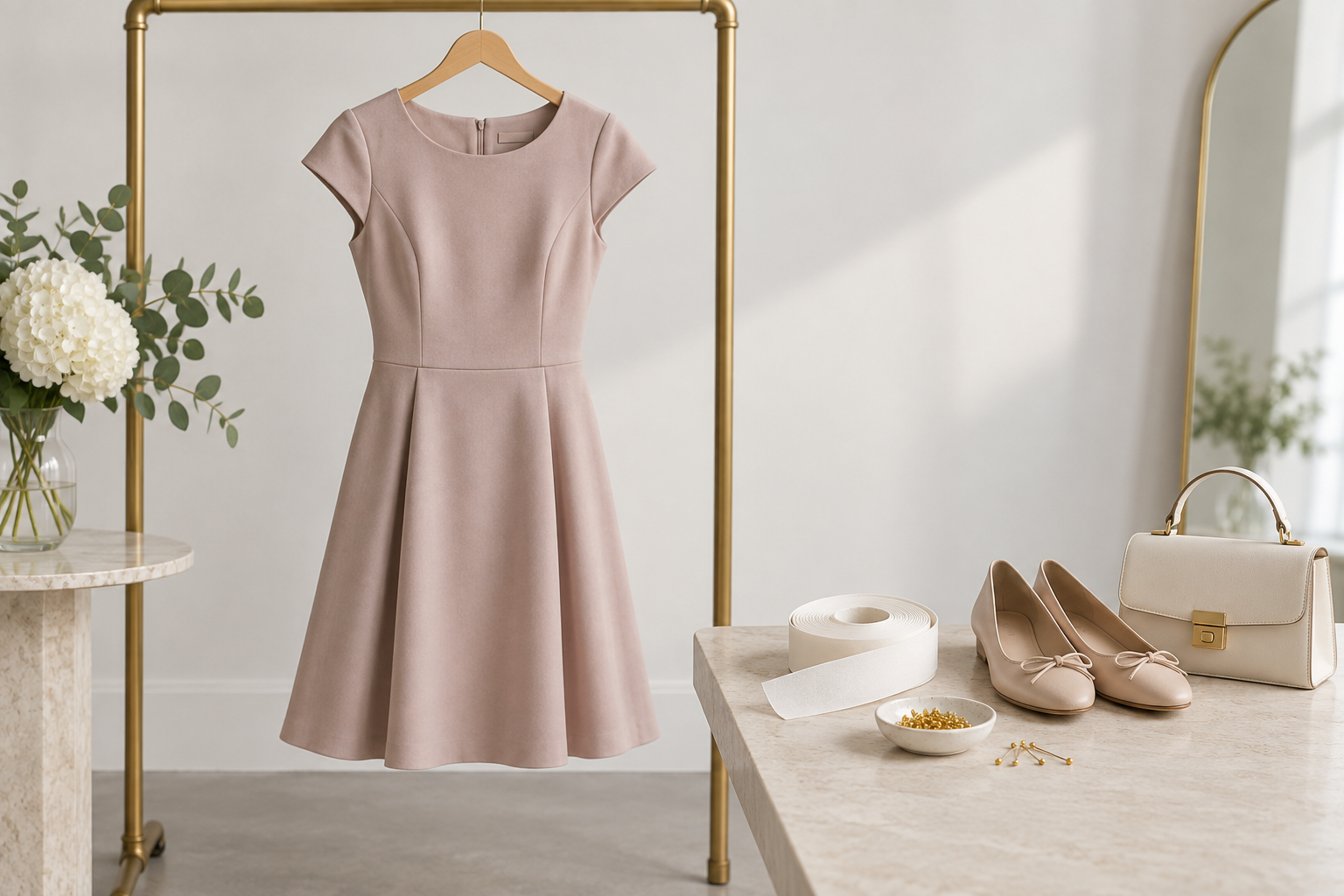 Petite-length dress with hem tape, ballet flats, and a small handbag
