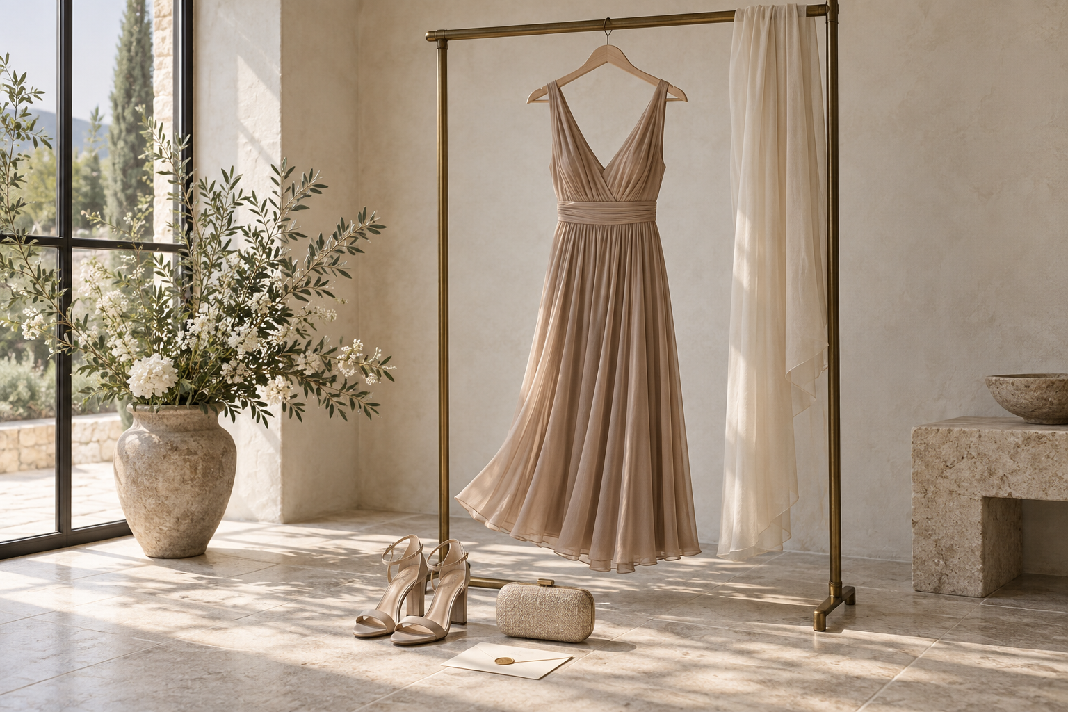 Neutral wedding guest dress with shoes, clutch, and invitation in a sunlit room