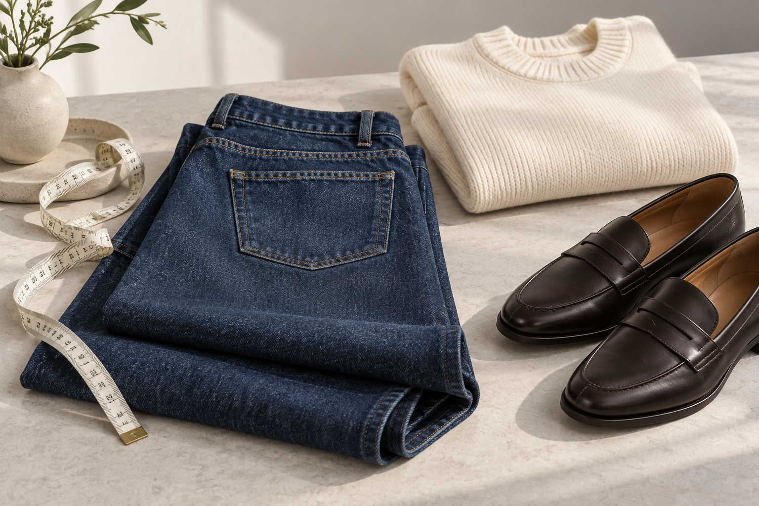 Indigo wide-leg jeans with measuring tape, loafers, and a cream sweater