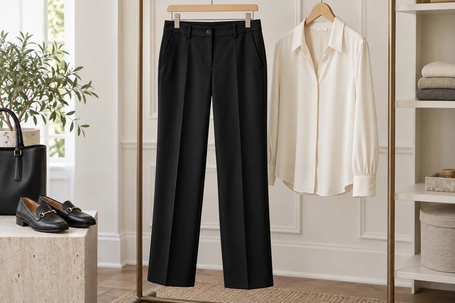Black straight-leg work trousers displayed with a cream blouse