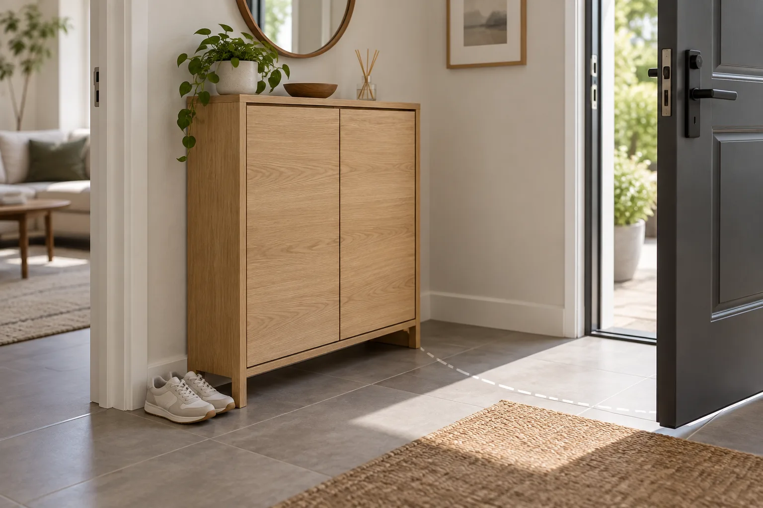 Slim oak shoe cabinet positioned in a bright apartment entryway