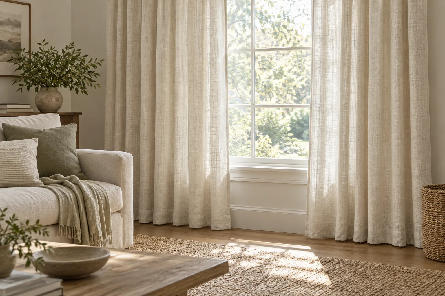 Flax linen curtains framing a sunlit living room window