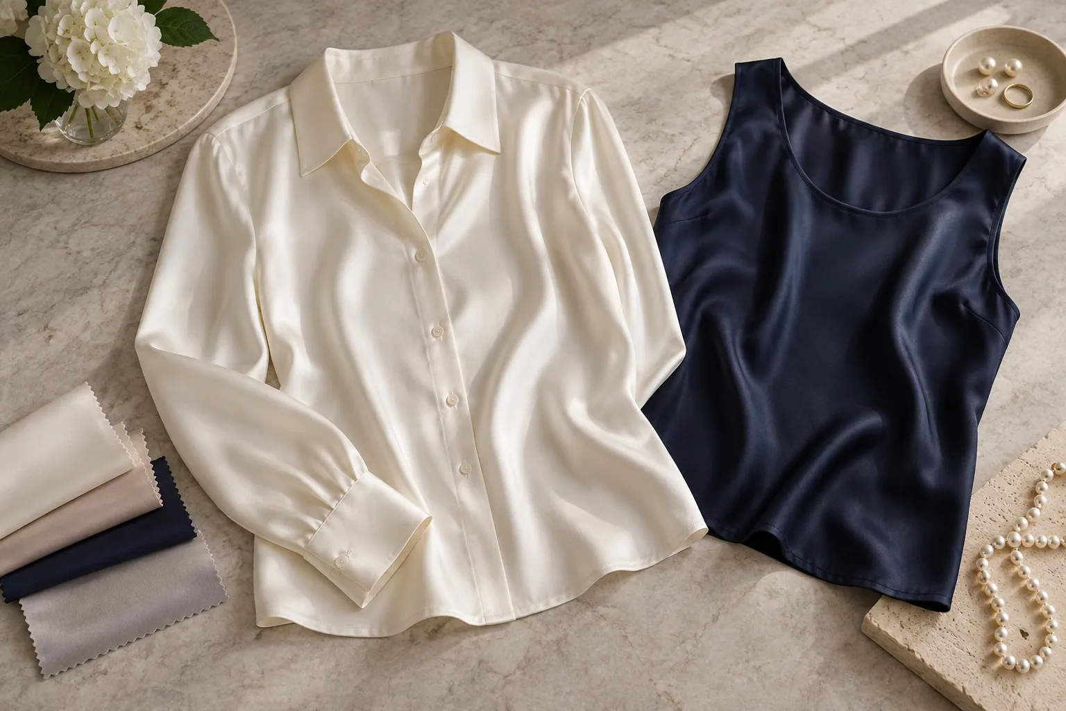 Ivory silk blouse and navy silk top arranged with fabric swatches