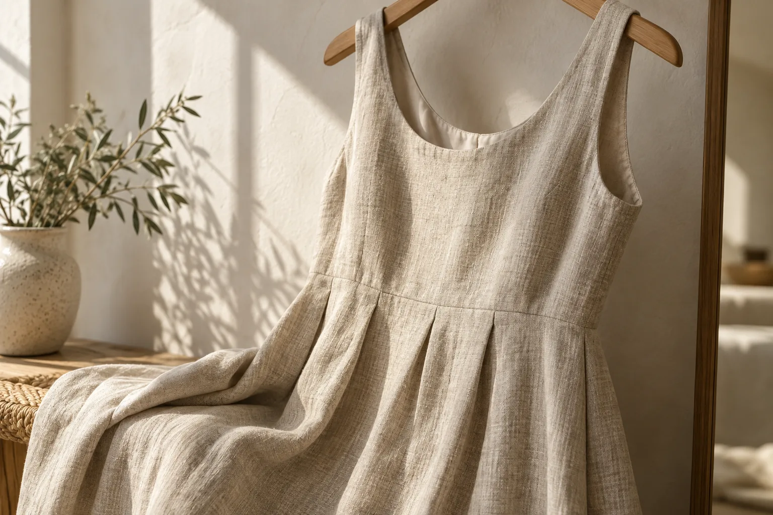 Natural flax linen dress displayed in soft window light