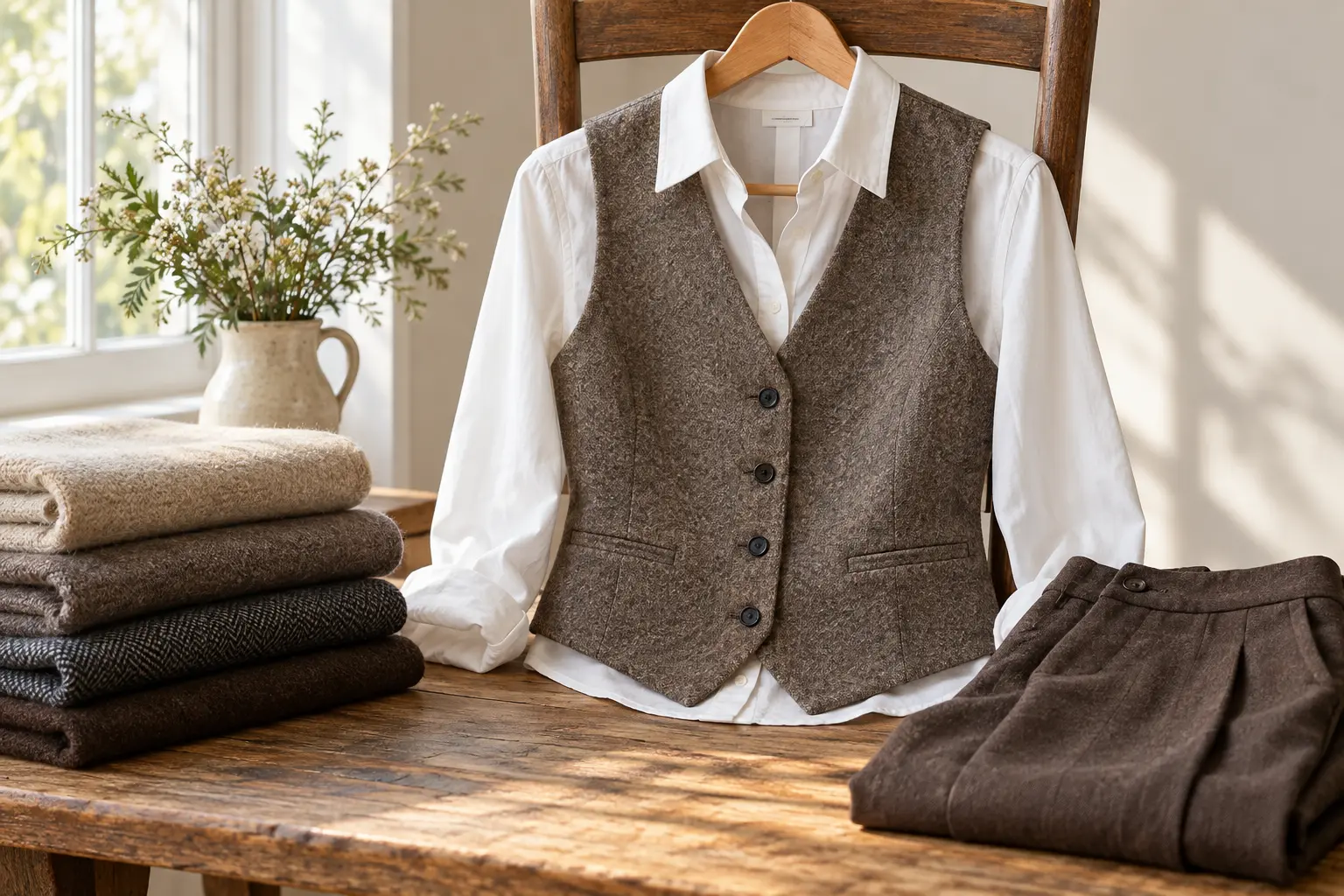 Textured women’s wool vest layered over a white shirt with folded wool fabrics